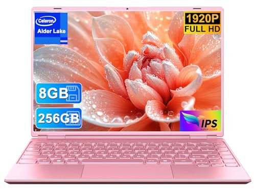 Ordenador Portátil Win 11 Pro Celeron N5095 PC Portátil 14 Pulgadas FHD IPS (8GB LPDDR4 RAM 256GB SSD Laptop), Portatiles Convertible 180°, 5G WiFi, 1920*1200, Protege el Teclado Español - Pink