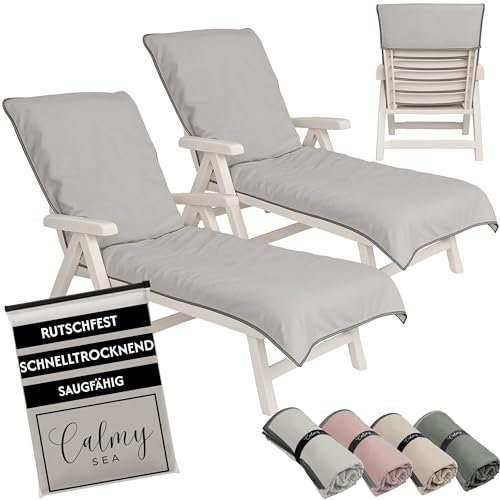 CalmySEA 2X Handtuch für Sonnenliege - 200x75cm mit Kapuze Microfaser Light Weight Schonbezug für Gartenliege Handtücher mit Umschlag Liegestuhl Bezug Strandliege (Hellgrau, 2 Stück)