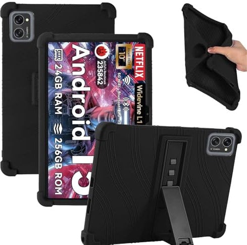 KZIOACSH Case for TABWEE Android Tablets 10 Inch Tablet/TABWEE T20, Soft Silicone Rugged Protective Back Cover Reinforced Corners Anti-Drop Anti-Scratch Tablet Case with Adjustable Kickstand,Black