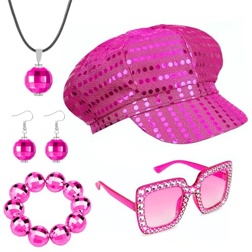5 Stück Disco-Kostüm, Damen, Glitzer-Hut, Abba-Kleid, mit Pailletten, Hut, Bling, Sonnenbrille, Halskette, Armband, Ohrringe, Zubehör, 70er, 80er, Theme Party