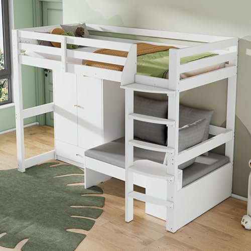 Merax Kinderbett Hochbett 90x200cm, mit Kleiderschrank,Minisofa für Kinder mit Kissen und Polsterung, Etagenbett mit Leiter,Lattenrost,Rausfallschutz, Ohne Matratze,Weiß/206.6×98×181cm