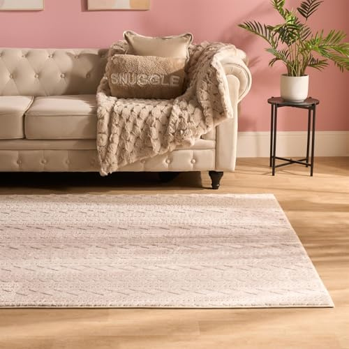 OHS Rugs for Living Room, Jacquard Cable Knit Area Rugs for Bedroom Home Decorative Modern Soft Fluffy Small Rug Anti Slip Low Pile Floor Carpet Non Shedding, Cream - 80 x 150cm