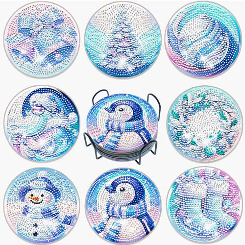 Diamond Painting Untersetzer mit Halter 8 Stück, Diamant Tassenuntersetzer, DIY Becherförmige Weihnachts Dessert Untersetzer, für Tassen, Weingläser, Vasen und Heimküche, Weihnachten Geschenk