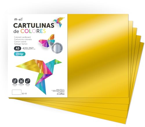 Carton Métallisé Couleur A3, 230 g/m², Feuilles Cartonnées Grandes, Carton de Couleur pour Loisirs Créatifs, Projets Artistiques et Décorations, Effet Brillant · m-office (50 feuilles, or)