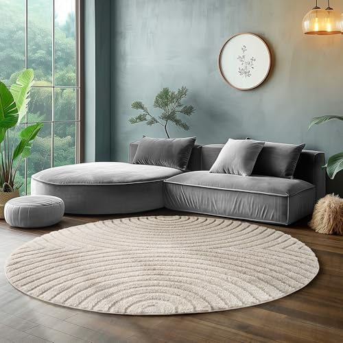 SIMPEX Wohnzimmer Teppich Rund 160 cm Creme Hochflor Skandi Boho Design Hoch-Tief Effekt Weicher Shaggy Langflor Flauschig Robust Pflegeleicht Modern für Schlafzimmer