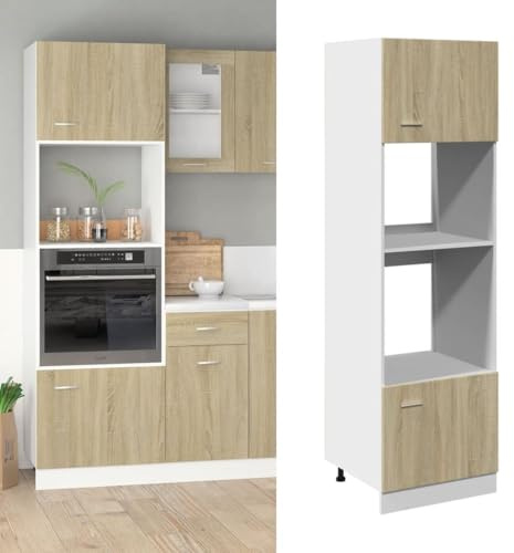 Hoopleep Lyon Armoire encastrable pour micro-ondes, chêne Sonoma, 60 x 57 x 207 cm, en bois dérivé du bois, armoire de cuisine avec porte, armoire haute pour rangement