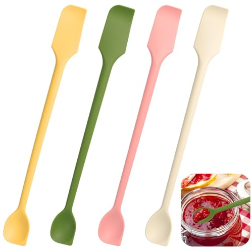 4 Stück Restelöffel Silikon,26cm Längen Teigschaber Klein,Doppelkopf Spatel Löffel,Multifunktional Silikonschaber Löffel für Schmale Flasche,Kochen Rühren,Marmelade Cremes,Beauty Lotion Creme(4 Farbe)