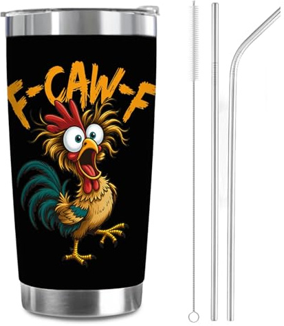 F-Caw-F Funny Chicken Insulated Coffee Cup, 20oz Stainless Steel F Caw F Cup Travel Mug Double-sided Printed Insulated Tumbler with Straws Brushes and Lid, Funny Gifts Meme Rooster Thermal Fcawf Cup