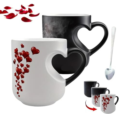 Gienslru Heart-Shaped Color Changing Magic Ceramic Mug, Heat Sensitive Magic Color Changing Coffee Mug with Red Heart Design, Valentine Themed Hearts Shaped Handle Ceramic Coffee Cup (White+Black)