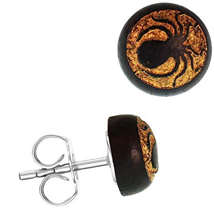 CHICNET Holz Ohrstecker Edelstahl Sonoholz rund 8mm Lasergravur Gold Motive Unisex Damen Herren Celtic keltisch Nordic nordisch Viking Maori Azteken Symbole Krieger Om Spinne Schneeflocke