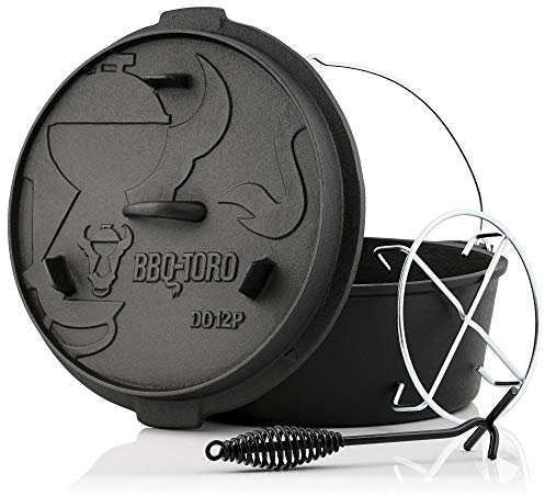 BBQ-Toro Dutch Oven Premium Serie | 13,6 Liter (DO12P), Topf ohne Füße | bereits eingebrannt - preseasoned | Verschiedene Größen | Gusseisen Kochtopf | Bräter mit Deckelheber