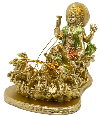 AliKiki Indische Statue Hindu Gott Lord Surya – Gold, Vintage-statue, Handbemalt, 14 L x 19 B x 15 H cm, 630.493 g, für indische Dekoration und Feste, Geschenke