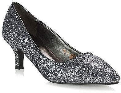 Womens Low Heel Pointed Toe Court Shoes Ladies Slip On Glitter Bridal Party Kitten Heel Pumps 3-8