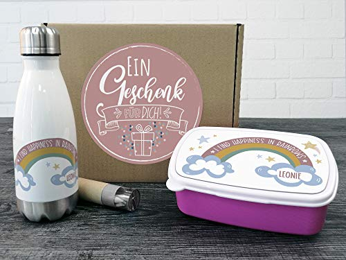 GRAZDesign Brotdose und Trinkflasche Set für Mädchen mit Namen | personalisierte Brotdose mit Trennwand Kunststoff Trinkflasche aus Edelstahl 350ml | Geschenk zur Einschulung