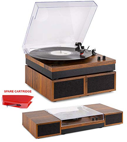 Fenton RP165 Record Player with Speakers, 3-Speed Bluetooth Vinyl Turntable, Built-in Amplifier, Ceramic Cartridge, Spare Stylus, RCA Output, Light Wood Finish