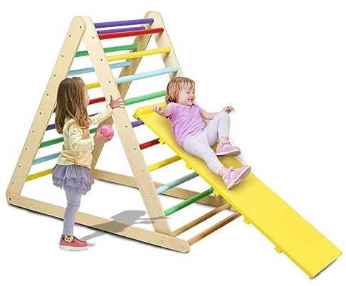 DREAMADE Kletterdreieck mit Rampe, klappbar Kletterspielzeug Holzdreieck aus Massivholz, Indoor Klettergerüst für Kinder ab 3 Jahren (Bunt)