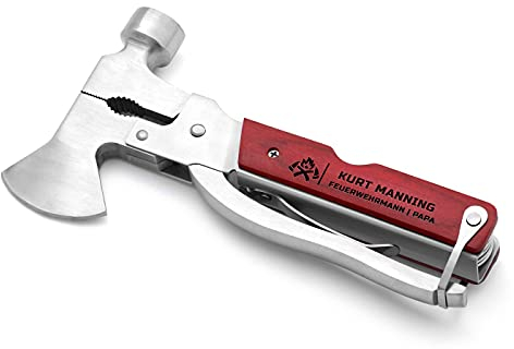Maverton Multifunktionswerkzeug mit Gravur - kompaktes Multitool - personalisiert - aus Edelstahl + Holz - Geschenk zum Geburtstag für Männer - Dunkelbraun - Feuerwehr