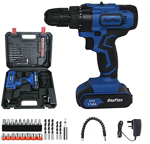 Visseuse sans fil 21 V, 18 + 1 niveaux de couple avec batterie 1 × 1,5 Ah, perceuse sans fil 45 Nm couple max. 2 vitesses, lumière LED, kit d'accessoires 29 pièces