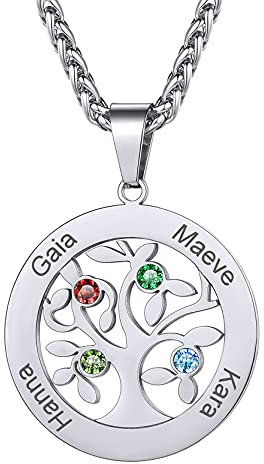 Collier d Amitié Pour 4 Fille Pendentif Arbre de Vie Chaine Femme Nom Gravé Coeur Prenom Personnalisé Pierre Naissance Birthstone Silver Bijoux Cadeau Fête des Mères Noël Mariage