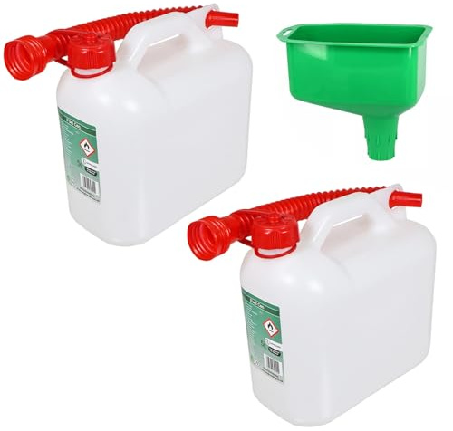 SPARES2GO 5 Liter Benzinkanister Benzin Diesel Kanister mit flexiblem Ausguss (2 Stück + Trichter)