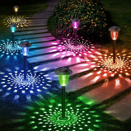 BUCASA 8 Stück Solarlampen für Außen Garten, Solarleuchten für Außen mit Wärme und RGB Modi, Wasserdicht Auto Ein/Aus Solarleuchten Garten Rasen, Terrasse, Hof, Balkon Deko Geschenke