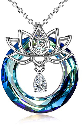 YFN Collier pour femme en argent sterling avec pendentif fleur de lotus et cristaux bleus, Argent sterling