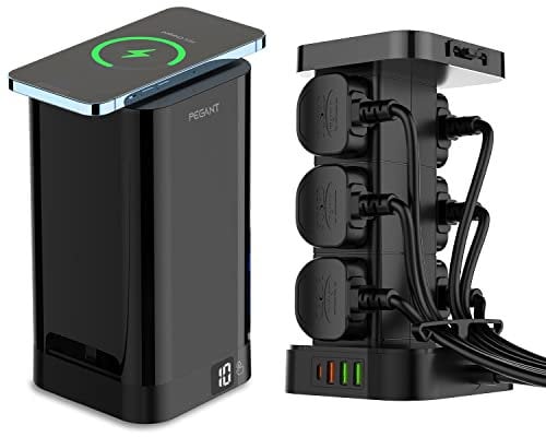 PEGANT 3-in-1 USB-C Tower Power Extension Lead Cord with 15W Wireless Charger, 4 USB and Elegant Power Cord Organizer Box, 6 Gang UK Outlet Strip, 1x 30W USB-C PD3.0 & 2x USB-A, 1x 18W QC3.0, 2M Cable