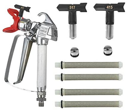 Pistola rociadora de Pintura sin Aire de Alta presión 3600PSI con 2 Puntas de pulverización (415, 517), 1 Asiento de Boquilla y 4 filtros de Pistola de Pintura sin Aire