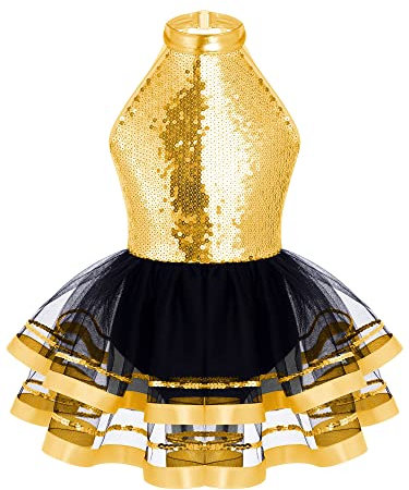 iiniim Mädchen Ballettkleid Eiskunstlauf Kleid Glitzer Pailletten Tanzkleid Ärmellos Ballettanzug mit Tutu Rock Hip Hop Jazz Tanzkostüm Wettbewerb A Gold 110-116