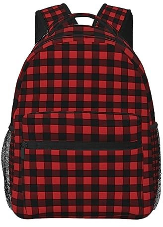 DEHIWI Leichter Rucksack für Damen und Herren, Büffel-Karo-Muster, Rot / Schwarz, Schwarz , One size