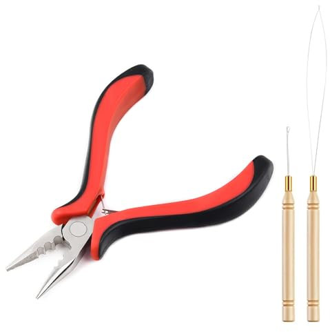 Vlasy Hair Extensions Pliers Kit, 3PCS Professional Hair Extensions Tool Kit with 3 Holes Hair Extension Pliers, Loop Needle Threader and Pulling Hook Needle for Nano Beads and Microlink Beads(Red)