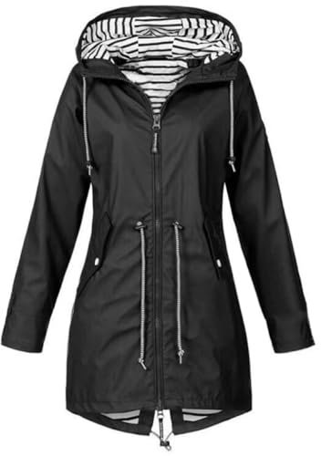 HIFI7 Veste Imperméable Femme Léger Veste de Pluie Longue pour Femme Manteau à Capuche Camping Randonnée Trench Parka (FR/ES, Alpha/lettres, 5TG, Taille normale, Taille normale, Noir)