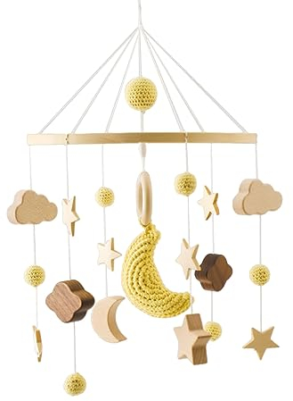 Mobile Baby Windspiele, Häkelnadel 3D Mond Sonne Regenbogen Mobile Baby Babybett Wickeltisch Holz mit Wolken, Hängende Bettglocke Ornament Geschenk für Baby Mädchen oder Jungen (Mond)