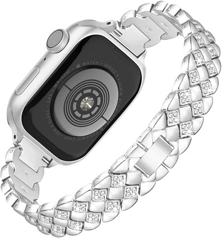 Vamyzji Compatible with Apple Watch 42mm(Series 11/10) 41mm 40mm 38mm, Slim Metal Strap for Apple Watch Series 11 10 9 8 7 6 5 4 3 2 1 SE, Bling Luxury Designer iWatch Bracelet for Women Ladies Silver