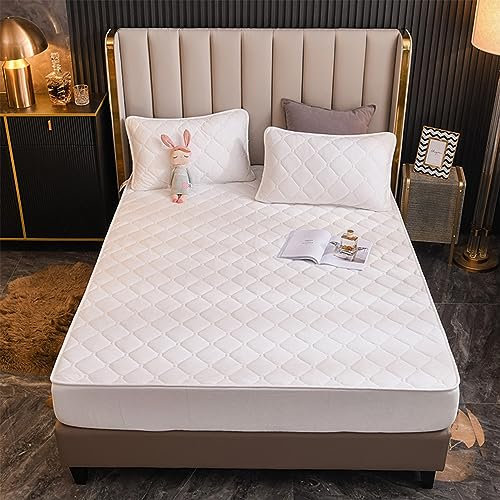 YUDEYU Draps-Housses matelassés Tissu Velours Cristal Doux protège-Matelas Lit Double Simple Superpositions de surmatelas(White,160x200cm/High 10-30cm)