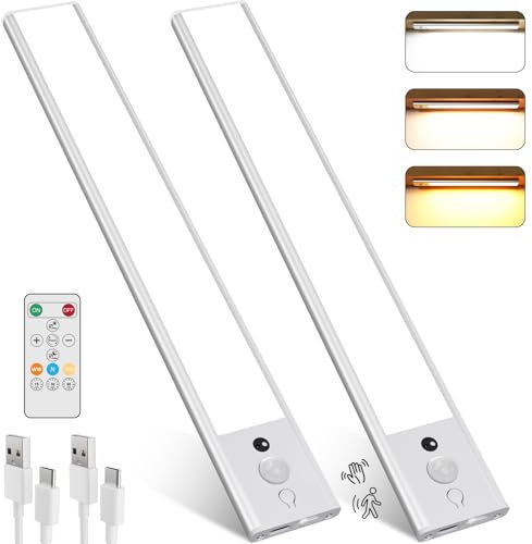Electight 120 LED Under Cabinet Light 3 Color Temps with Remote Control, 2 Packs Dimmable Motion Sensor Lights, Dual Sensor, Battery Powered USB Rechargeable Wireless for Wardrobe, Stair, Kitchen