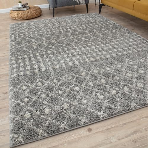 THE RUGS Modern Moroccan Design Living Room and Bedroom Rugs, Non-Shedding & Easy Care (Moroccan Grey/Ivory, 200x290 cm)