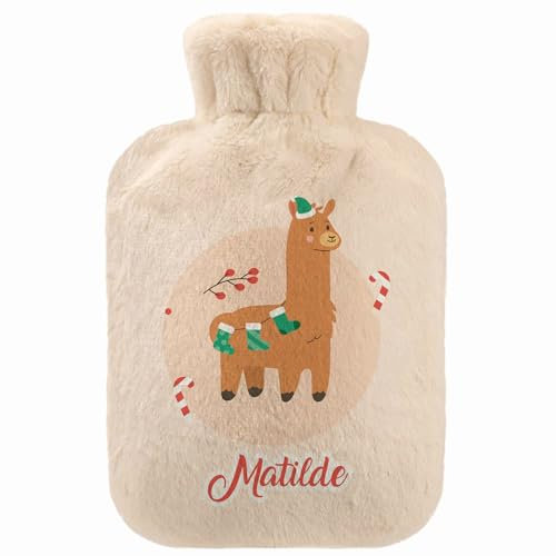 Customisable Hot Cold Water-Bottle with Soft Fleece Cover Personalised Water-Bag 2 Litre Christmas Llama [092]