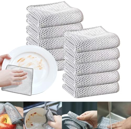Lot de 10 Chiffons de Vaisselle multifonctionnels Anti-Rayures en Fil métallique pour Vaisselle Humide et Sec, Chiffon de Nettoyage Multifonction torchons à Vaisselle réutilisables lavables