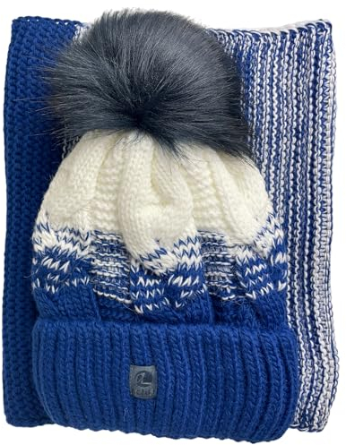 kennydoo Mütze & Schal Set achti I 2 teilig I Damen Kombi - Beanie mit großem Bommel und Loop I kuschelig gestrickt (royalblau/weiß)