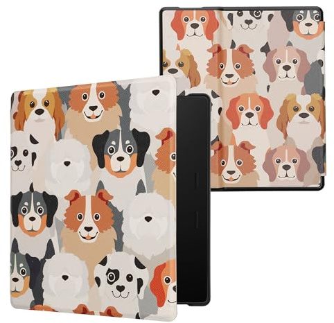 kwmobile Schutzhülle für Amazon Kindle Oasis 10. Generation Hülle - eReader Flip Case mit Auto Sleep Funktion - Viele Hunde mit Weiß Hellbraun Grau