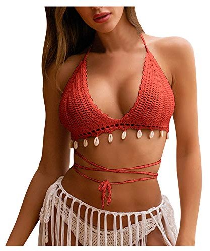 QWUVEDS Bikini Damen Set Badeanzug Damen Bikini Oberteil Damen Badeanzug für Frauen, Oberteil, sexy, Reine Mode, hohler Bikini, handgewebtes Badebekleidungs-Tankinis-Set Armbanduhr Herren (Red, L)