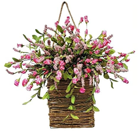 Front Door Basket Wreath, 40cm/15.7inch Artifical Berry Wildflower Basket Wreaths for Front Door, Spring Door Hanging Wreath Ornament for Wall Window Door Decor