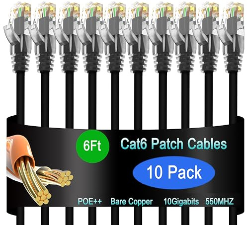 Lysymixs Cat6 Ethernet Patch Cable 6 ft (10 Pack), Cat6 Patch Cable 26AWG Pure Copper for Data Centers, Cat 6 Patch Cable 10G, Network Patch Cables for Home and Enterprise Network -Black