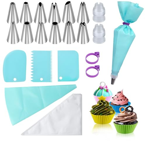 Taozoey Manga Pastelera, 100 Piezas Mangas Pasteleras Desechables, 12 Boquillas Y 2 Adaptadores, Manga Pastelera Silicona, para Galletas, Fondant, Chocolate, Tartas, Cupcakes y Dulces