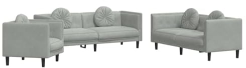 vidaXL Sofagarnitur 3-TLG., Sessel Couch Sofa für Wohnzimmer, Loungesofa Polstersofa mit Kissen, Couchgarnitur Sitzmöbel, Modern, Hellgrau Samt
