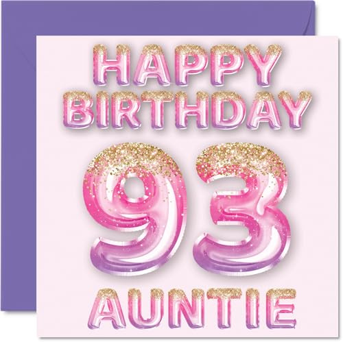 93rd Birthday Card for Auntie, Pink & Purple Glitter Balloons | Happy Birthday Cards for 93 Year Old Aunt Aunty from Nephew Niece, 145mm Bday Greeting Cards Gift