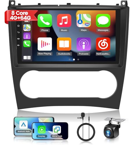 NHOPEEW 4 + 64G Android 13 Autoradio für Mercedes Benz CLK/GLK W209 W203 2005-2009 - Drahtlos Carplay & Android Auto - 9 Zoll Touchscreen mit EQ WiFi GPS FM RDS Mirror Link + AHD Rückfahrkamera