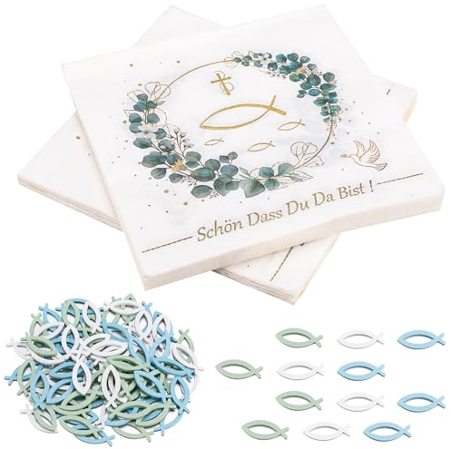 40 Stück Servietten Kommunion Taufe Konfirmation Deko und 90 Stück Holzfische Deko, Taufe Deko, Servietten Schön Dass Du Da Bist Taufe Servietten Konfirmation Eukalyptus Grün für jungen und Mädchen