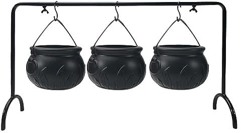 Jeorywoet Witches Cauldron Set of 3 Mini Cauldron on Rack Black Plastic Witches Cauldron Halloween Candy Bowl Bucket for Halloween Party Hocus Pocus Decor, Witches Cauldron